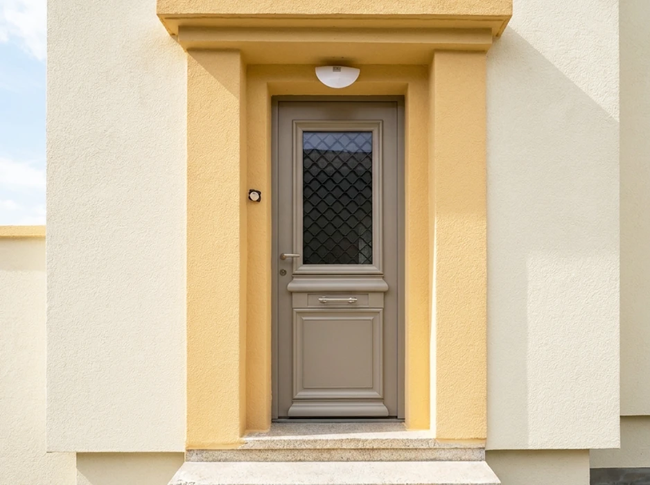 Entrée extérieure d'une maison, façade en crépi beige-jaune