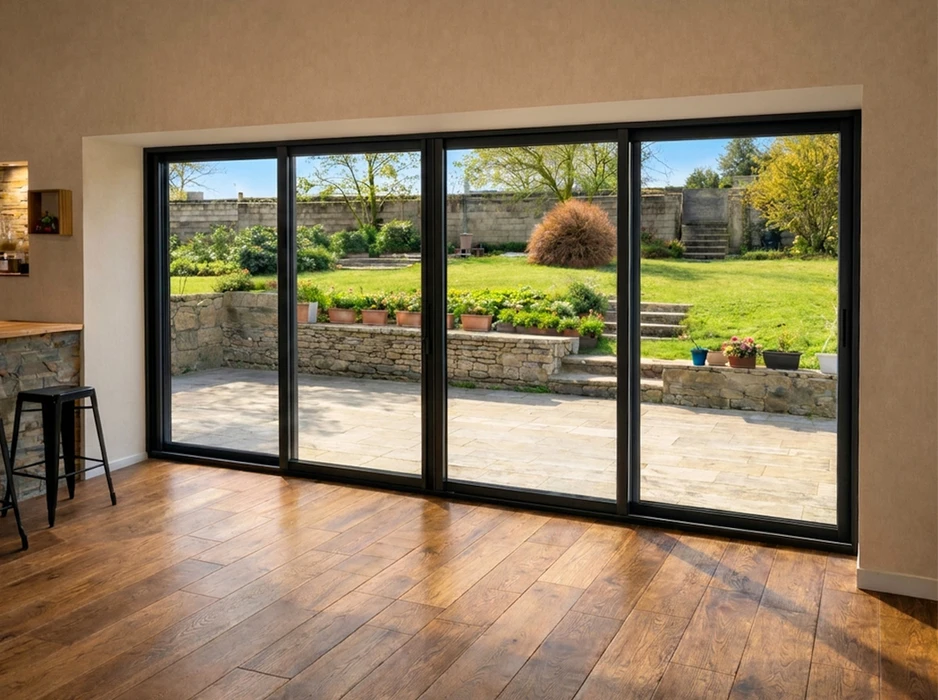 Intérieur lumineux avec baie vitrée coulissante 4 vantaux, profilés aluminium noir mat, vitrage fixe et ouvrant