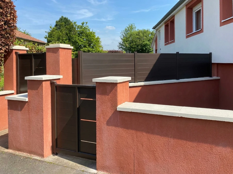 Terrasse extérieure moderne avec pergola bioclimatique en aluminium anthracite à lames orientables, adossée à une maison