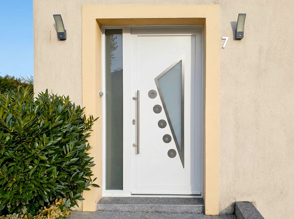 Une porte d'entrée moderne et élégante en aluminium ou PVC, photographiée depuis l'extérieur d'une habitation résidentielle, montrant clairement la porte fermée installée sur la façade. La porte doit être de qualité, avec poignée et serrure visibles, encadrement impeccable, intégrée harmonieusement à l'architecture de la maison. La mise en scène doit transmettre sécurité, solidité et esthétique, avec éventuellement un éclairage naturel mettant en avant les détails et la finition de la porte.