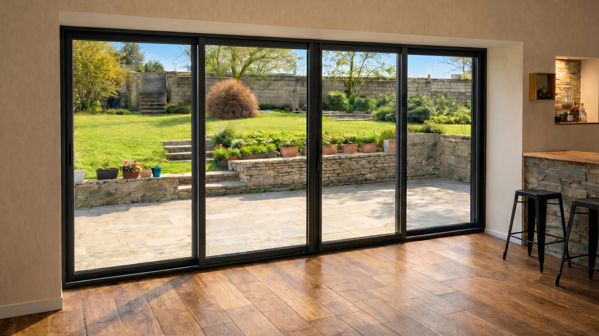 Maison contemporaine avec grande baie vitrée coulissante ouverte sur terrasse dallée