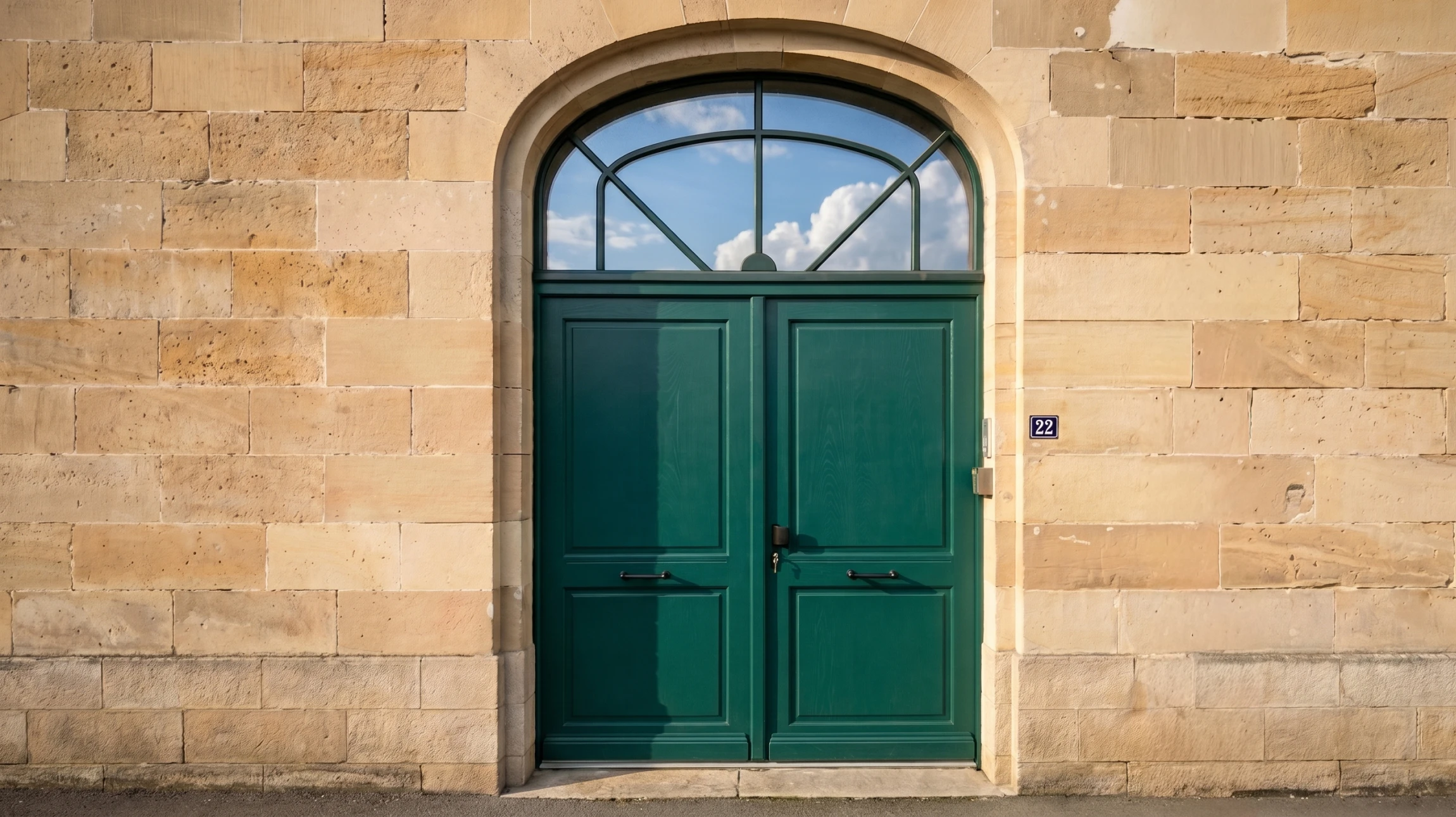 Porte d'entrée en bois teinté orange avec serrure de sécurité multipoints visible sur chant