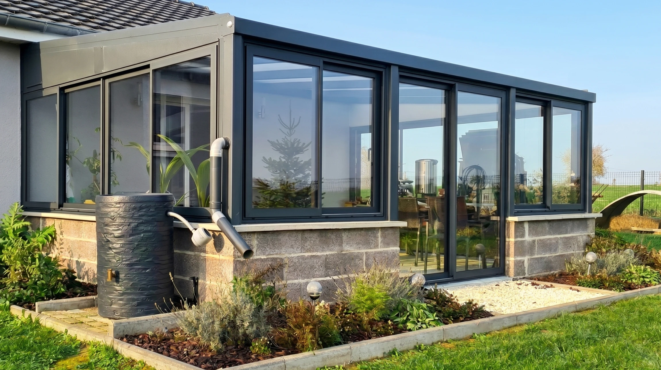 Véranda moderne en PVC blanc avec toiture vitrée à pans coupés, adossée à maison en briques