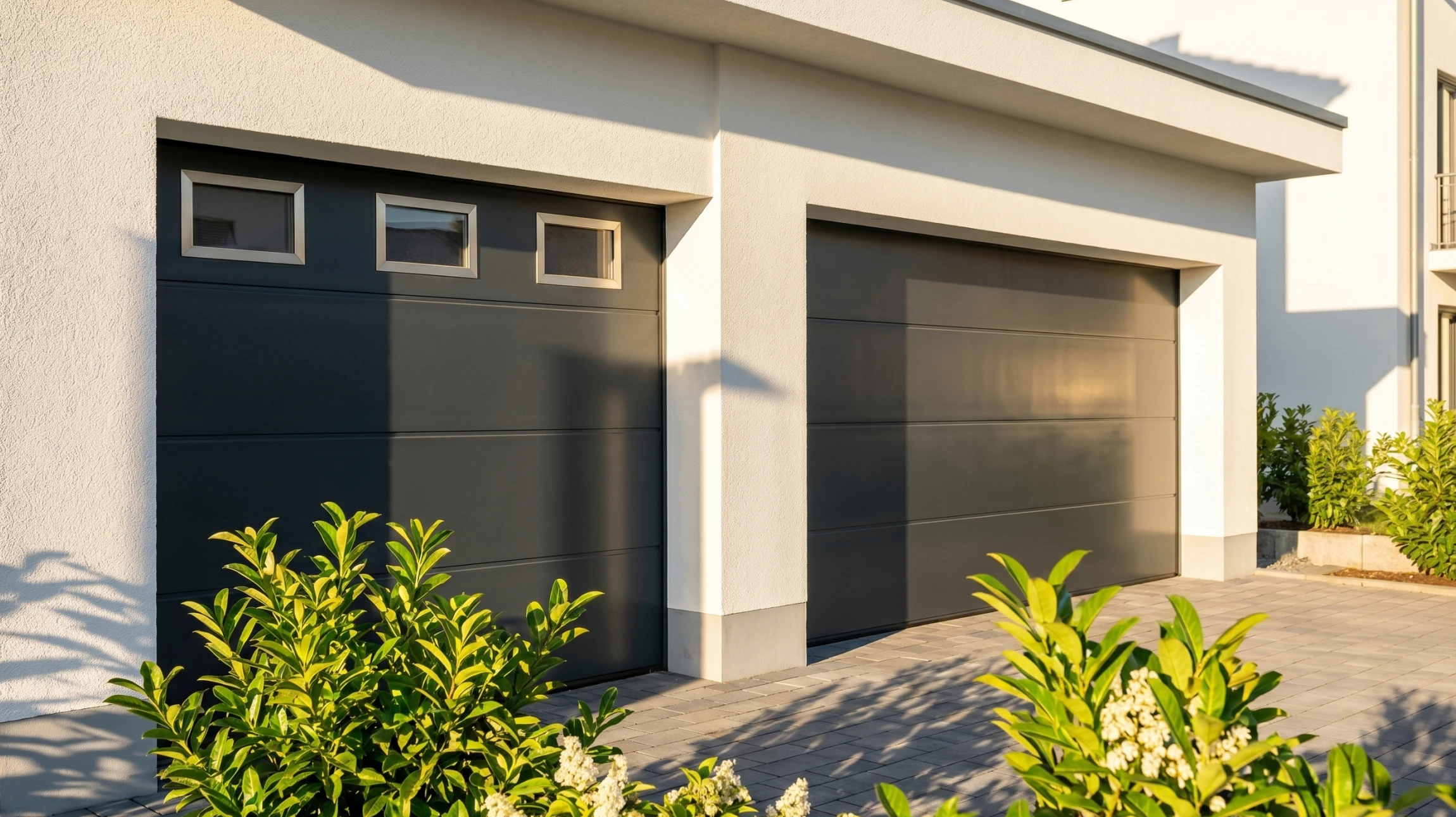 Extérieur résidentiel moderne avec porte de garage sectionnelle anthracite à panneaux horizontaux intégrée dans façade bicolore gris foncé et blanc
